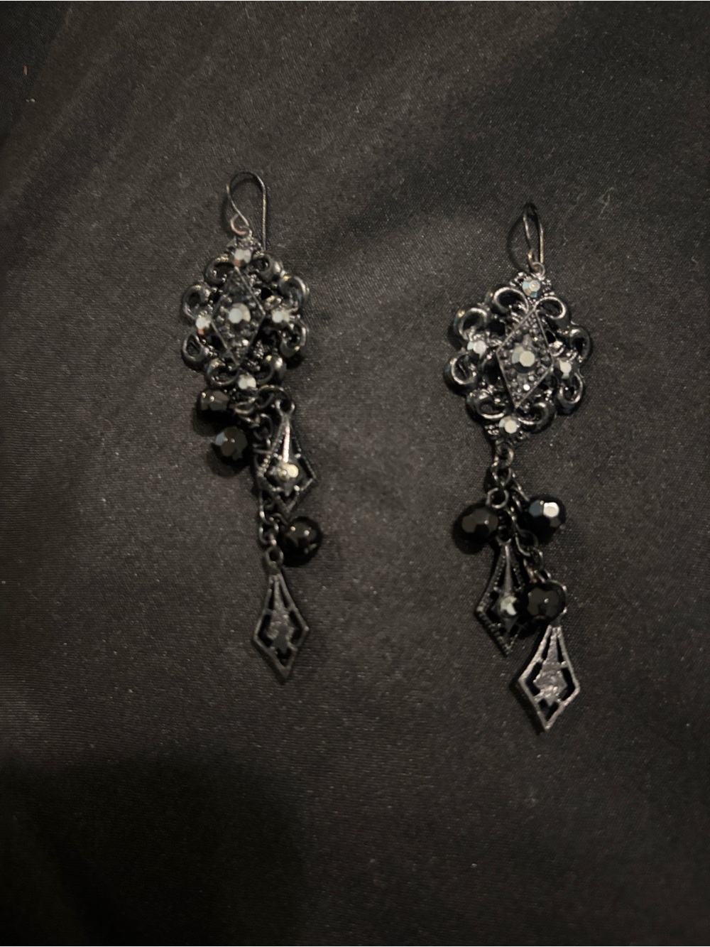 Black Filigree Dangle Earrings with Bead Accents